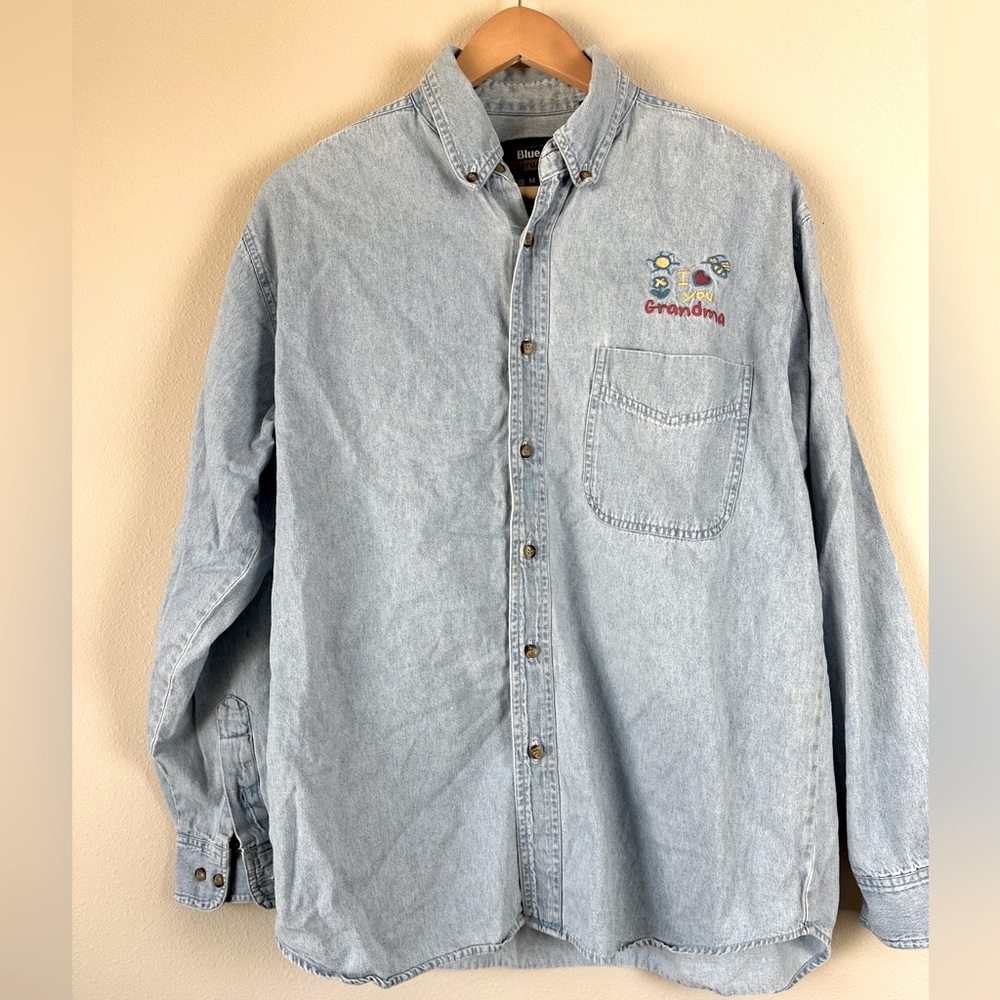 Vintage I LOVE YOU GRANDMA Blue Generation‎ Jean Long Sleeve Button Up Shirt M